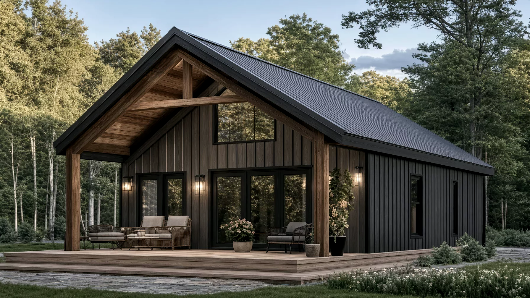 A dark gable cabin with a timber porch and black metal cladding