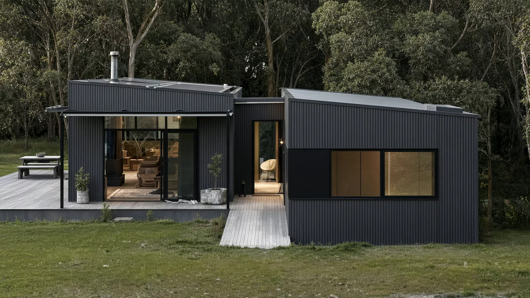 Two dark corrugated volumes linked by a timber deck, set in grass and trees