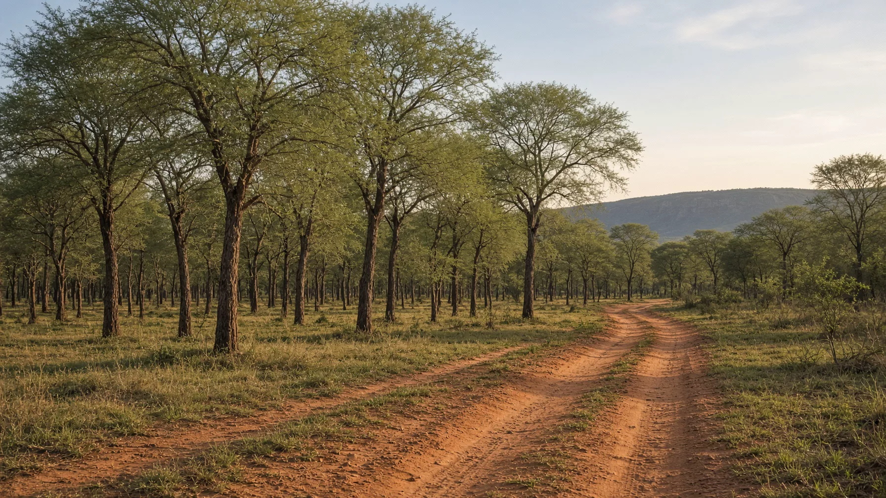 A sandy track lined with wild sering trees and one mountain ridge