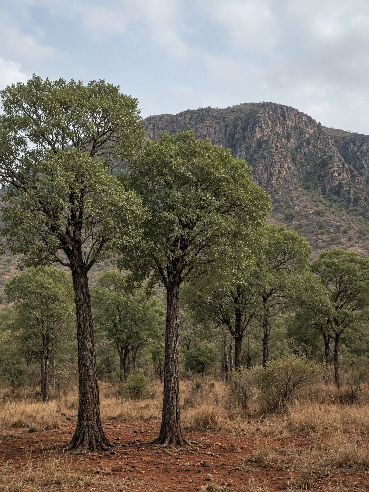 Mature wild sering trees with straight dark trunks and fine green crowns on red earth